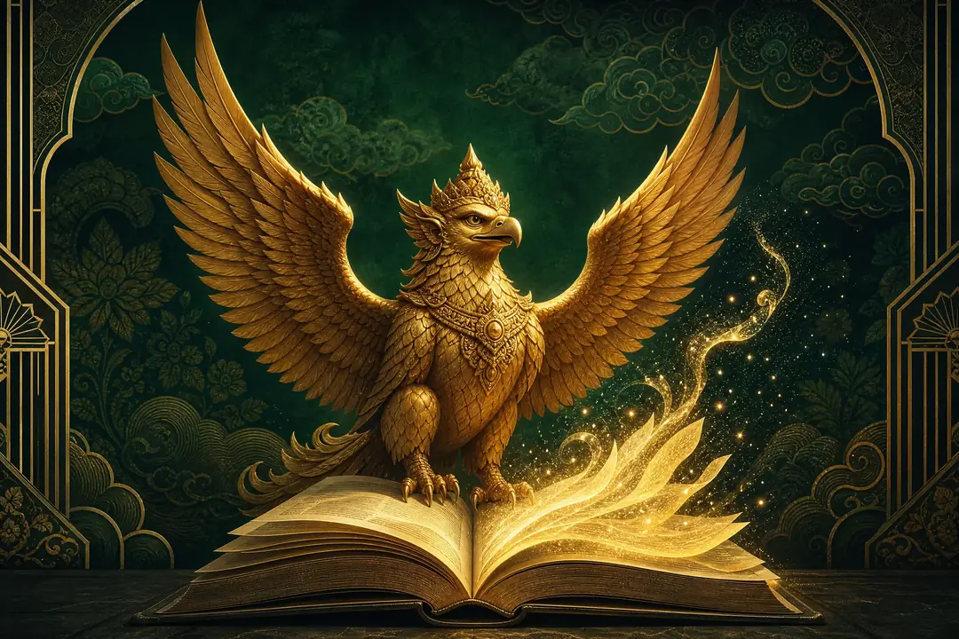 Ilustrasi elang Garuda emas hinggap di atas buku bercahaya — cerita brand Garuda4d