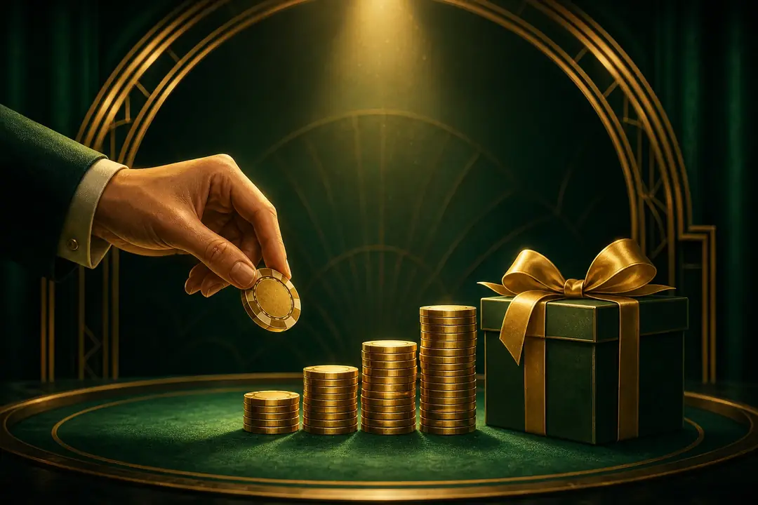 Ilustrasi tangan meletakkan chip emas di meja hijau — bonus deposit pertama Garuda4d