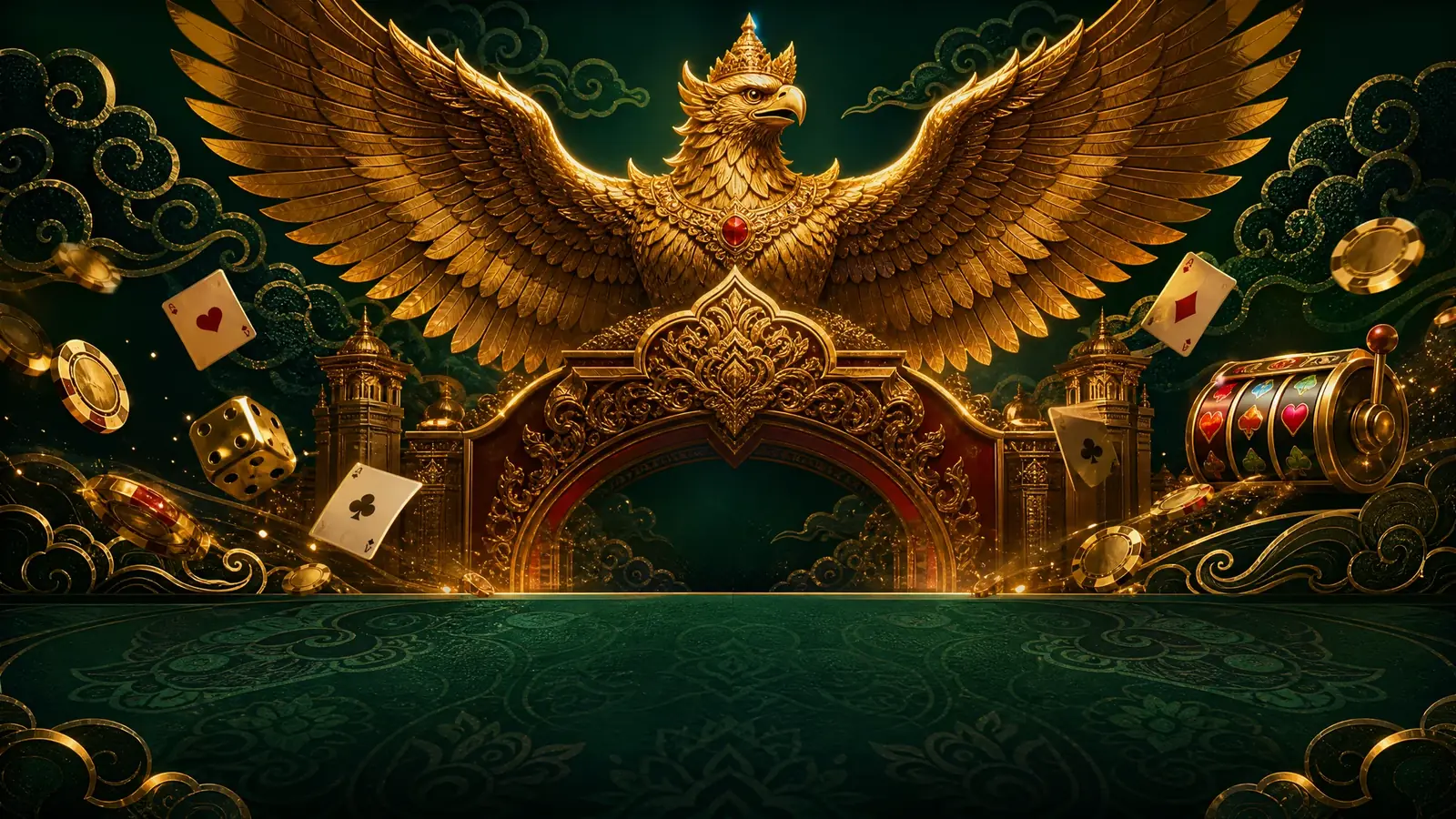 Ilustrasi elang Garuda emas di gerbang istana kasino Garuda4d